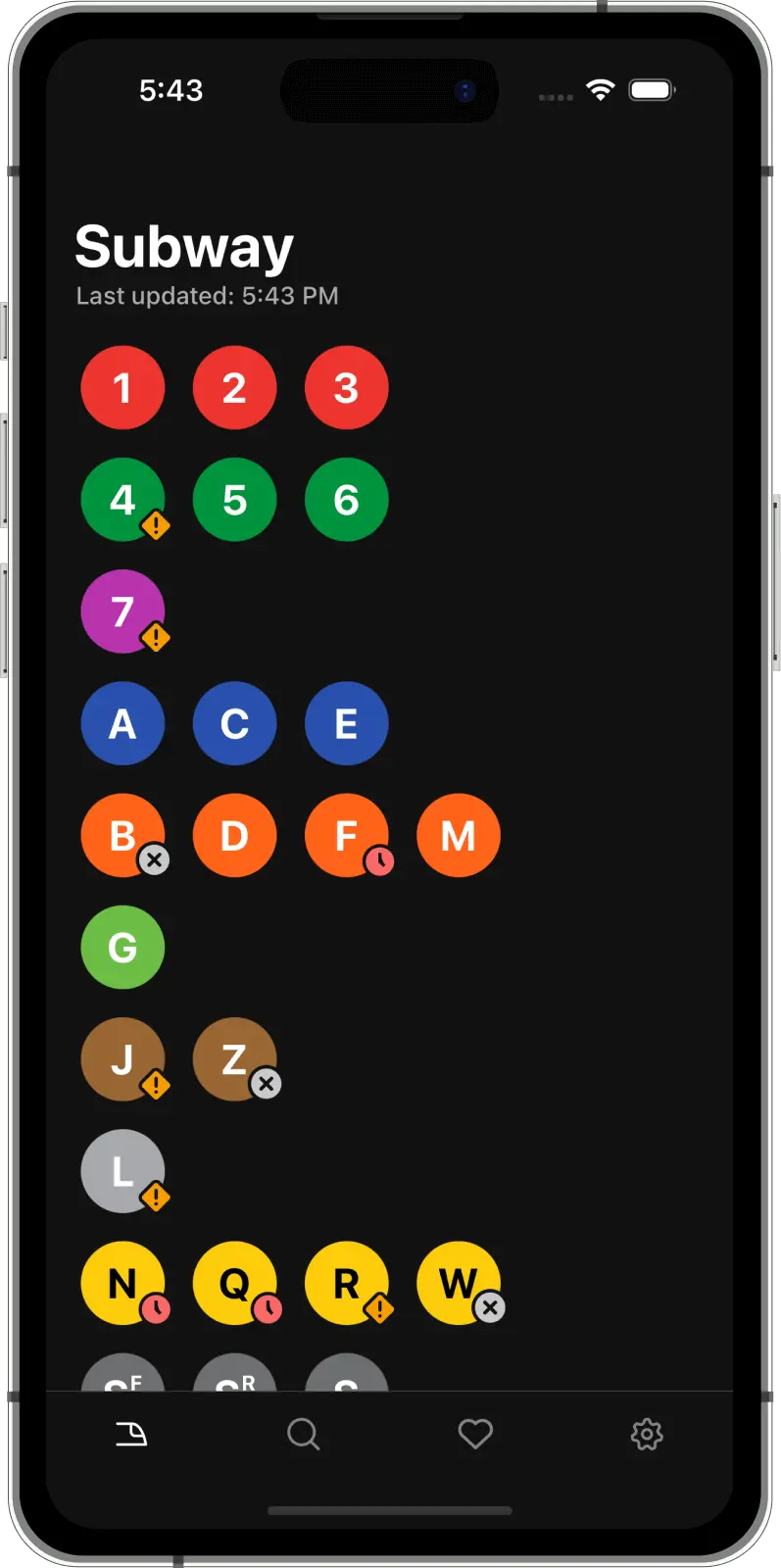 Image of the main Turnstile - NYC MTA app screen